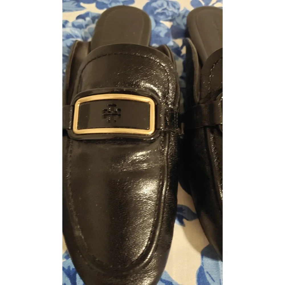 Tory Burch Georgia Backless Loafer Flats Mules Black Gold Logo Sz 10.5 M